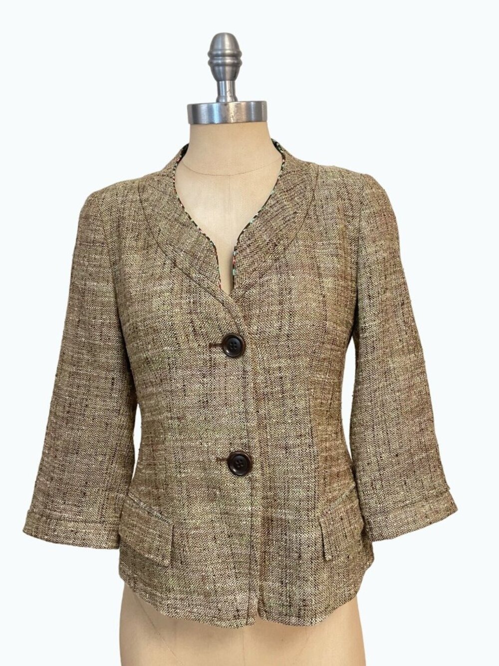 Rene Lezard Designer Brown Silk Linen Blend Blazer 34 US XS